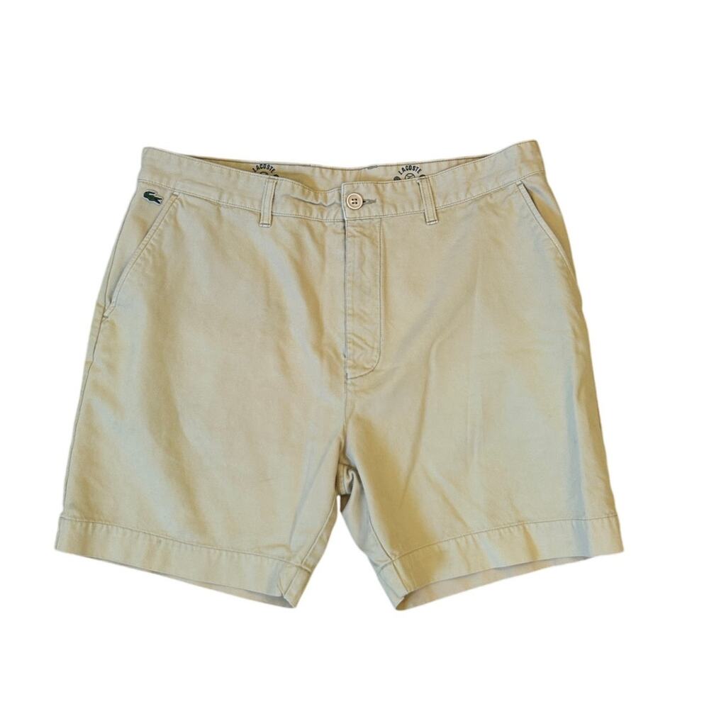 Lacoste Mens Flat Front Shorts Beige Khaki Size 36 7" 100% Cotton Vintage Tennis
